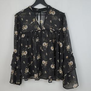 Aeo Sheer Tiered Bell Sleeve Daisy Print Blouse Xl